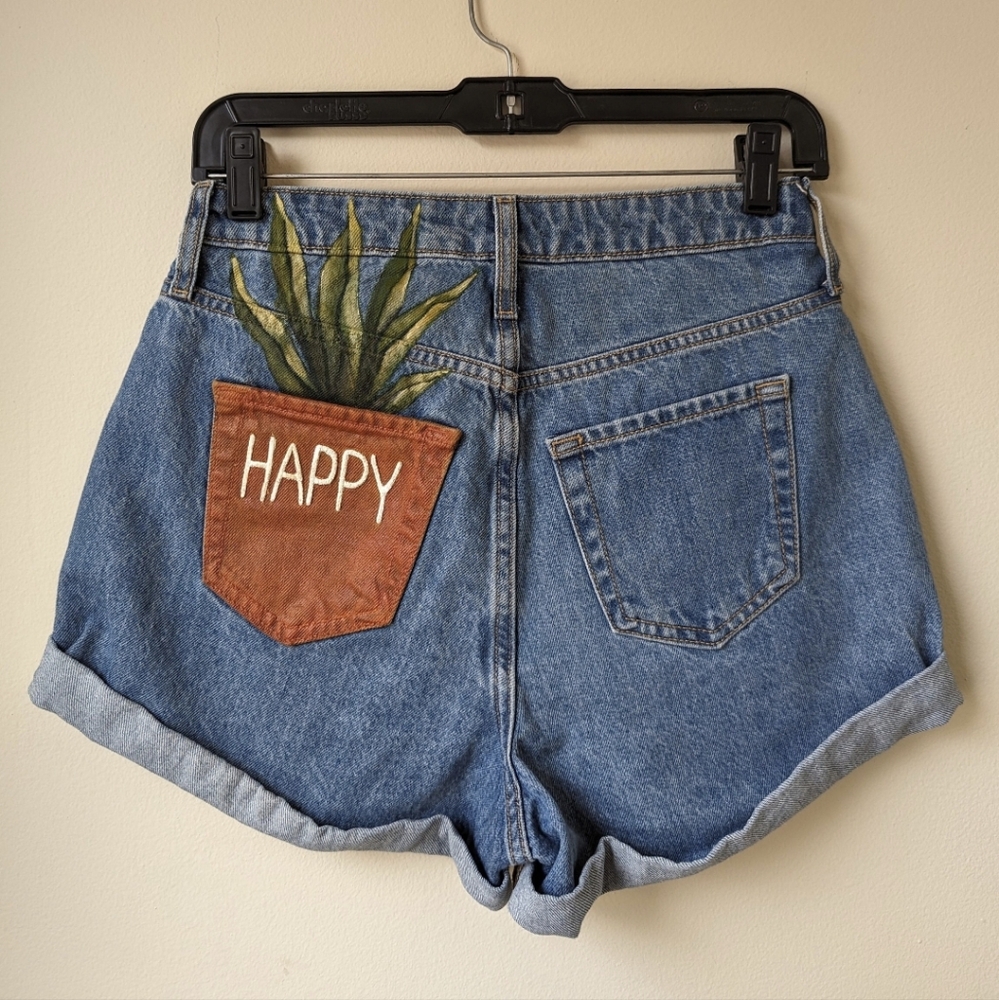 Handpainted Denim Shorts with Plant Pocket Artistic Streetware